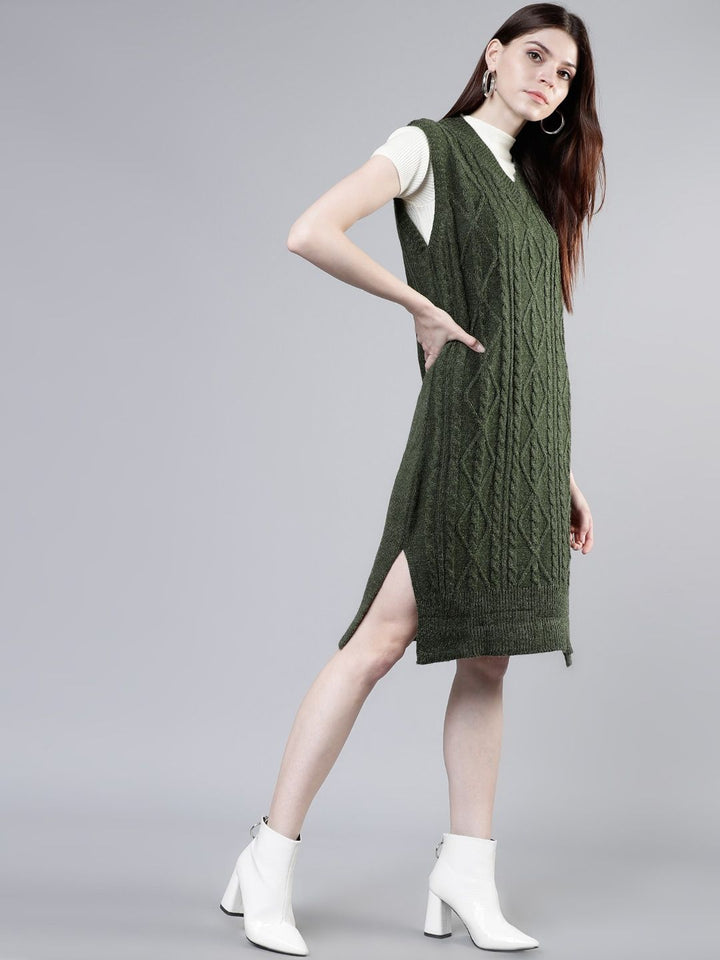 Tokyo Talkies Women Olive Green Self Design Jumper Dress