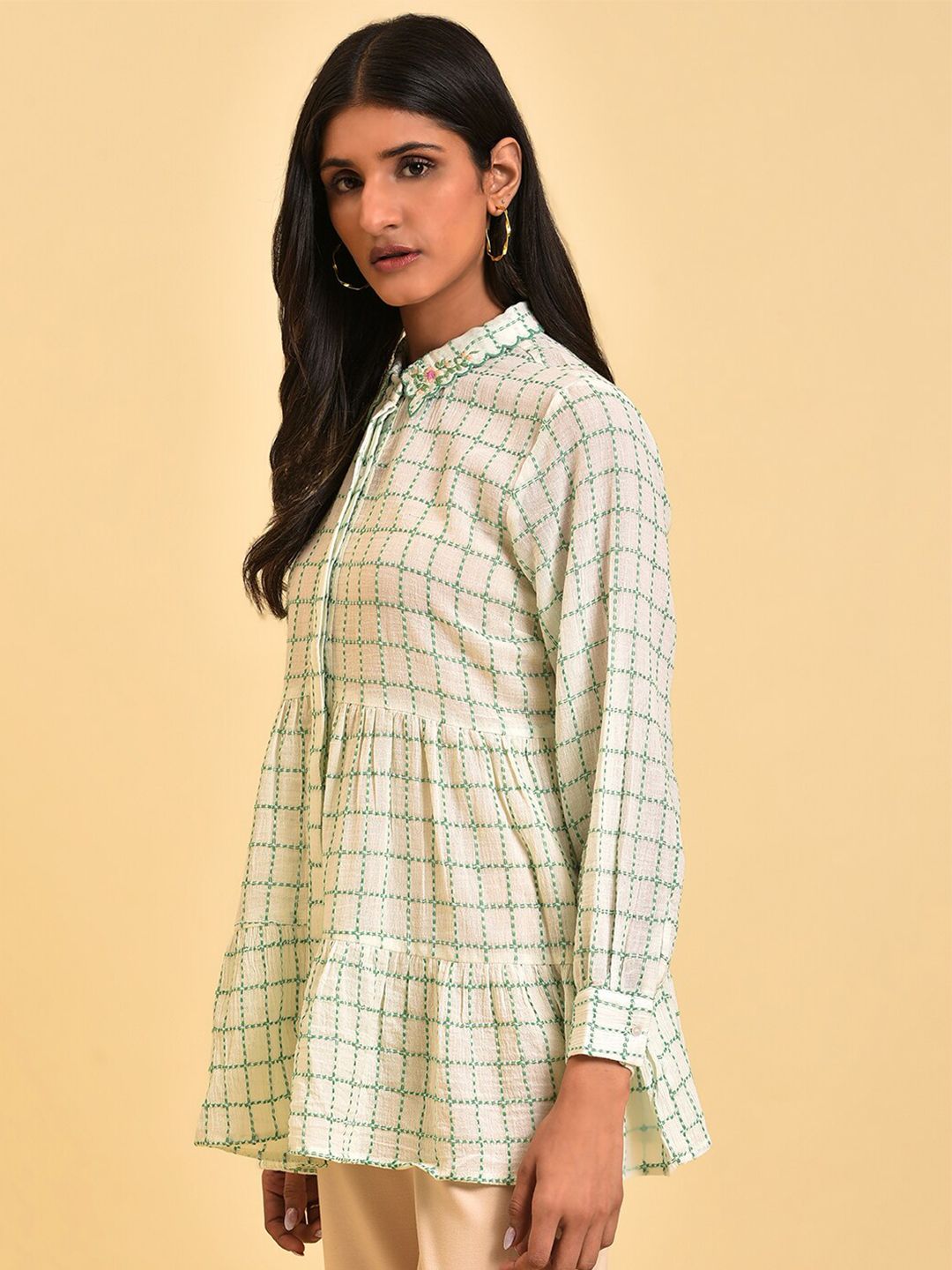 W White Checked Pure Cotton Shirt Style Top