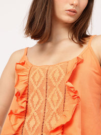 DressBerry Butterfly Bling Shoulder Straps Lace-Inserted Ruffled Crop Top