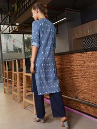 W Women Navy Blue & White Striped Straight Sustainable Kurta