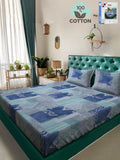 KLOTTHE Blue Geometric Printed 400TC Pure Cotton Fitted Set Cadar Double King