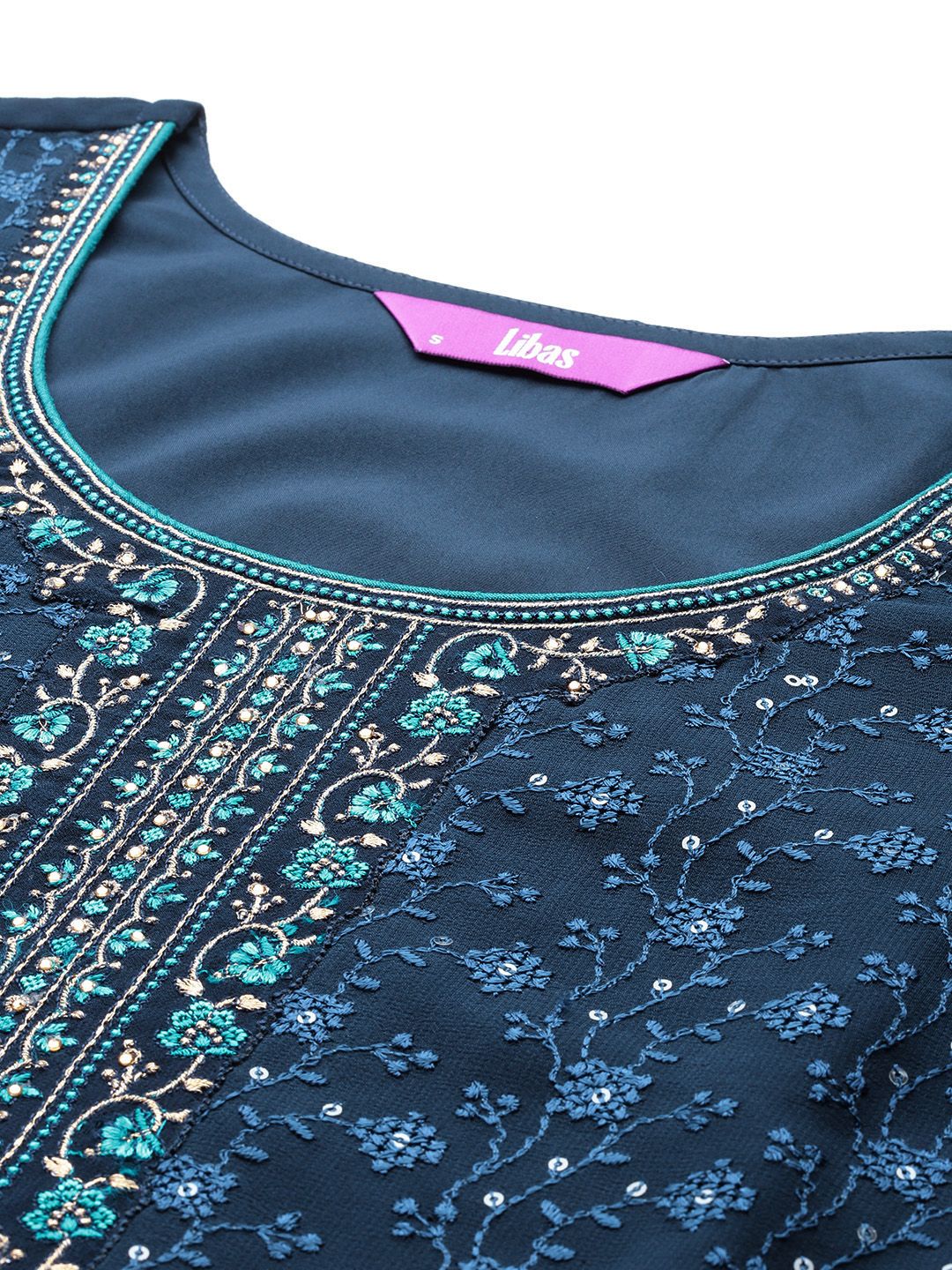 Libas Floral Embroidered Regular Mirror Work Kurta with Trousers & Dupatta