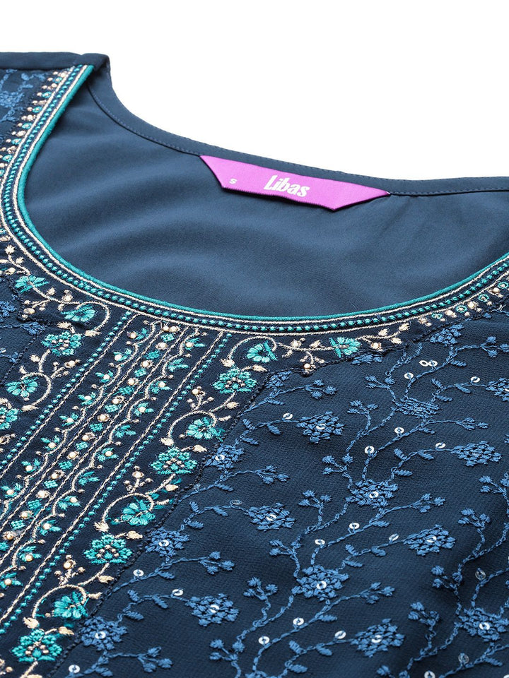 Libas Floral Embroidered Regular Mirror Work Kurta with Trousers & Dupatta