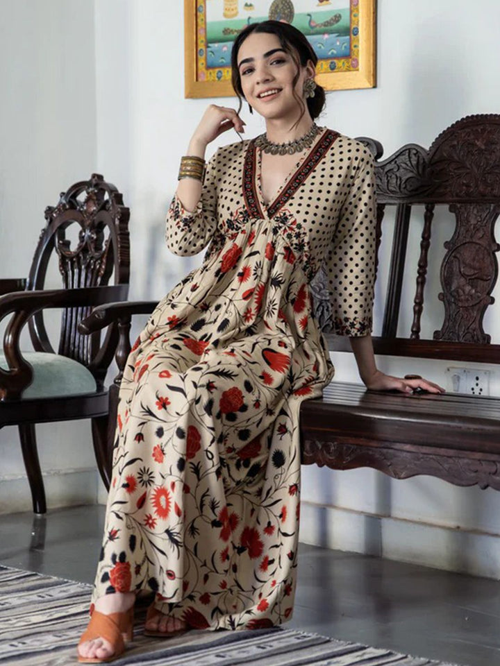 Rustorange Women Beige & Orange Printed A-Line Dress
