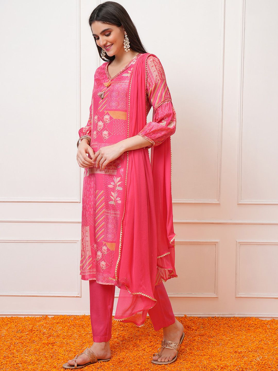 Vishudh Floral Printed Regular Sequinned Kurta with Trousers & With Dupatta