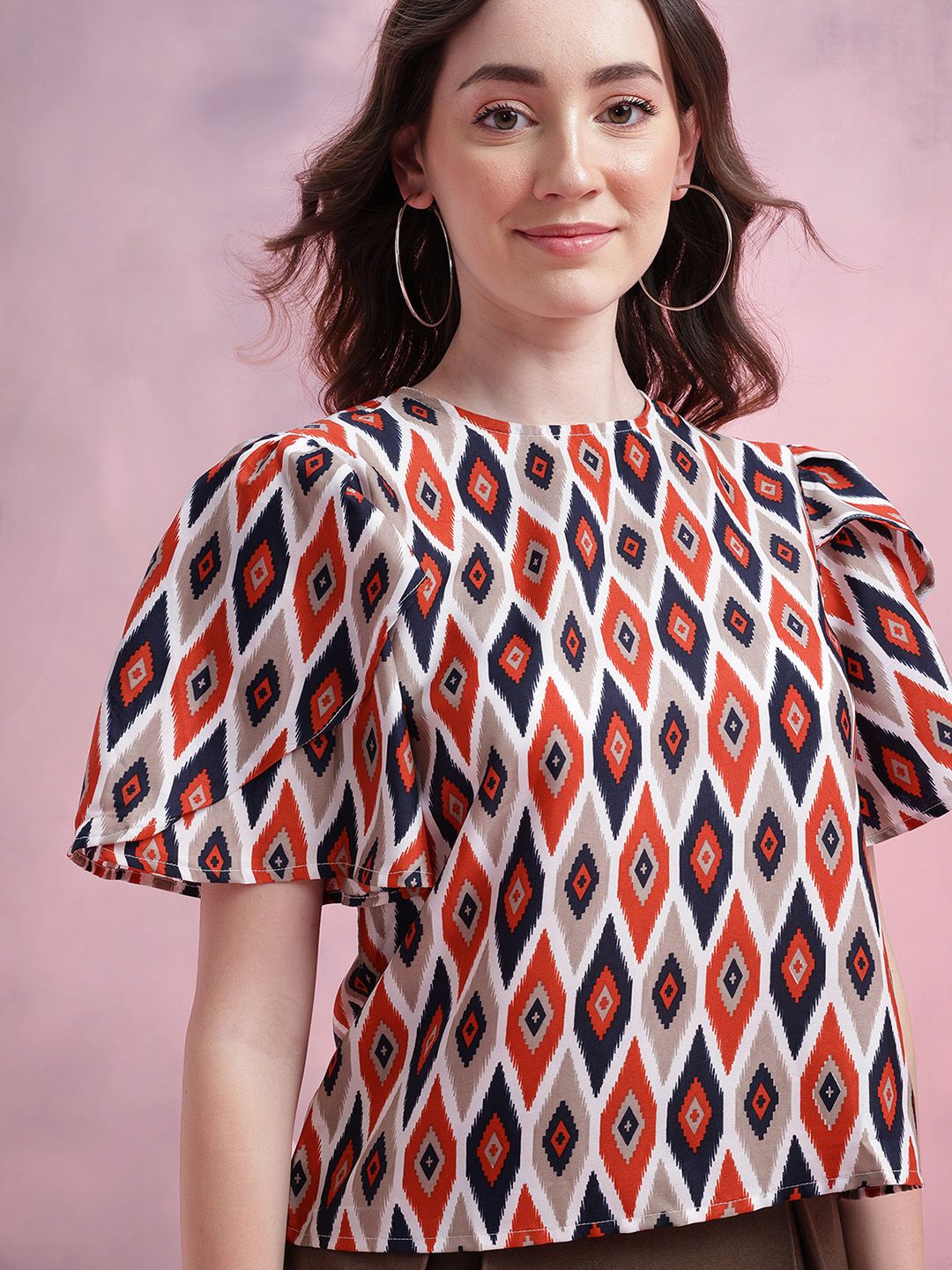 DressBerry Ikat Print Tulip-Style Flared Sleeves Top