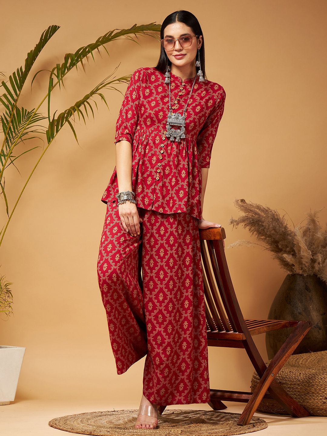 Shae by SASSAFRAS Maroon Ethnic Printed Mandarin Collar Liva A-Line Top