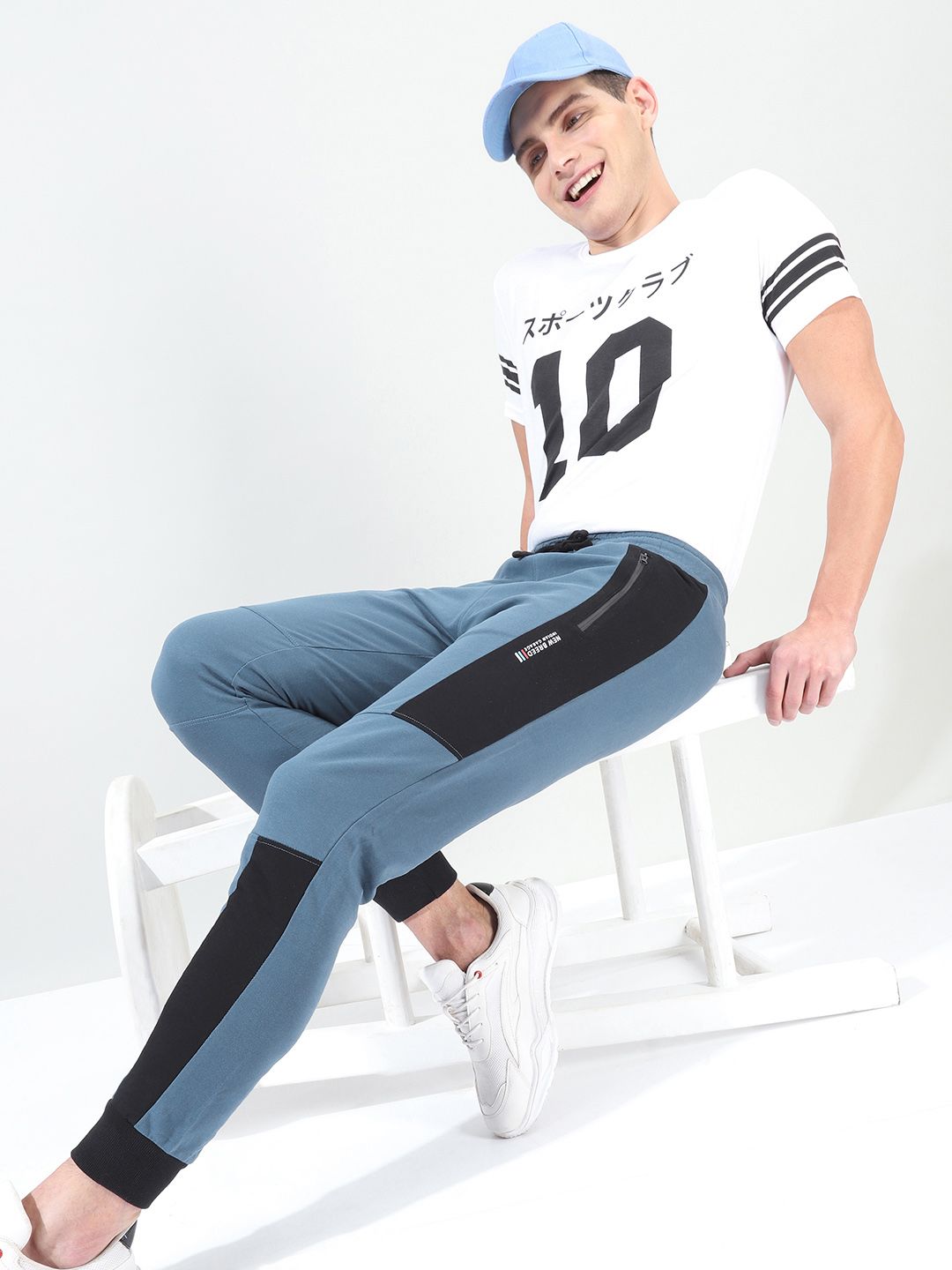 The Indian Garage Co Men Teal Blue & Black Colourblocked Slim-Fit Joggers