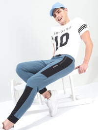 The Indian Garage Co Men Teal Blue & Black Colourblocked Slim-Fit Joggers