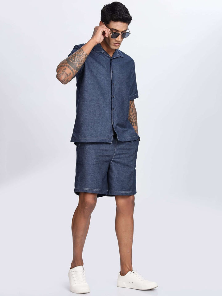 Eszett Biru Bertekstur Spread Collar Baju Kapas Tulen Dengan Seluar Pendek Set Co-Ord