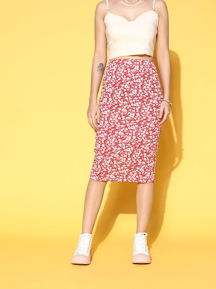 Berrylush  Stunning Red Floral Pencil Skirt