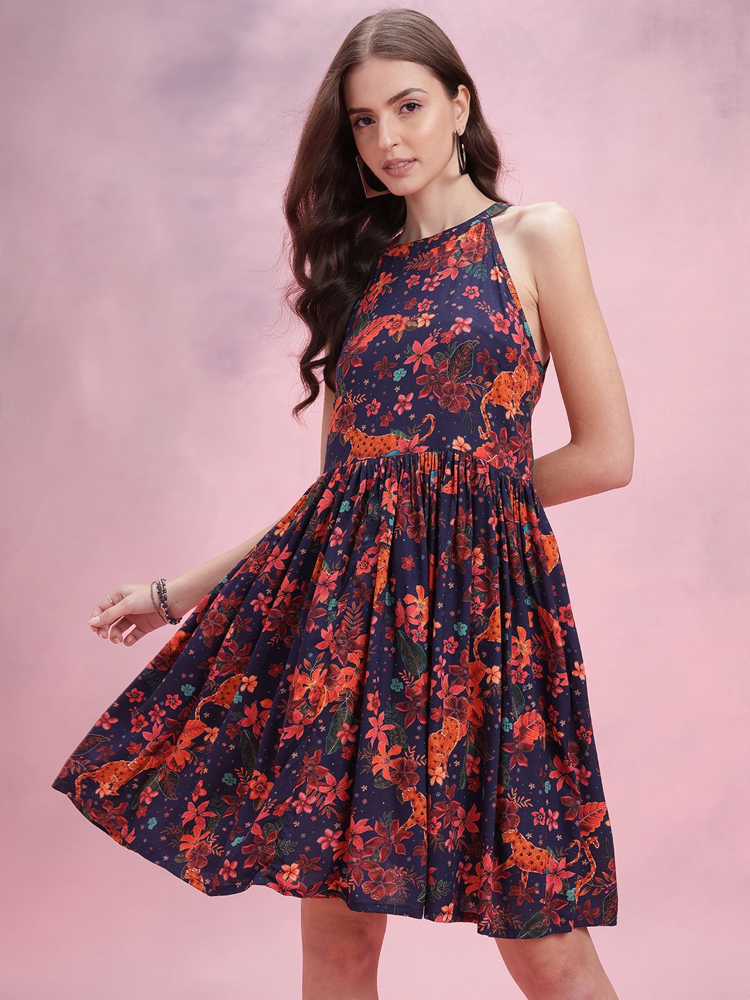 DressBerry Floral Print Halter Neck Fit & Flare Dress