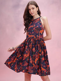 DressBerry Floral Print Halter Neck Fit & Flare Dress
