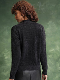 Tokyo Talkies Black Self Designed V-Neck Crop Acrylic Cardigan