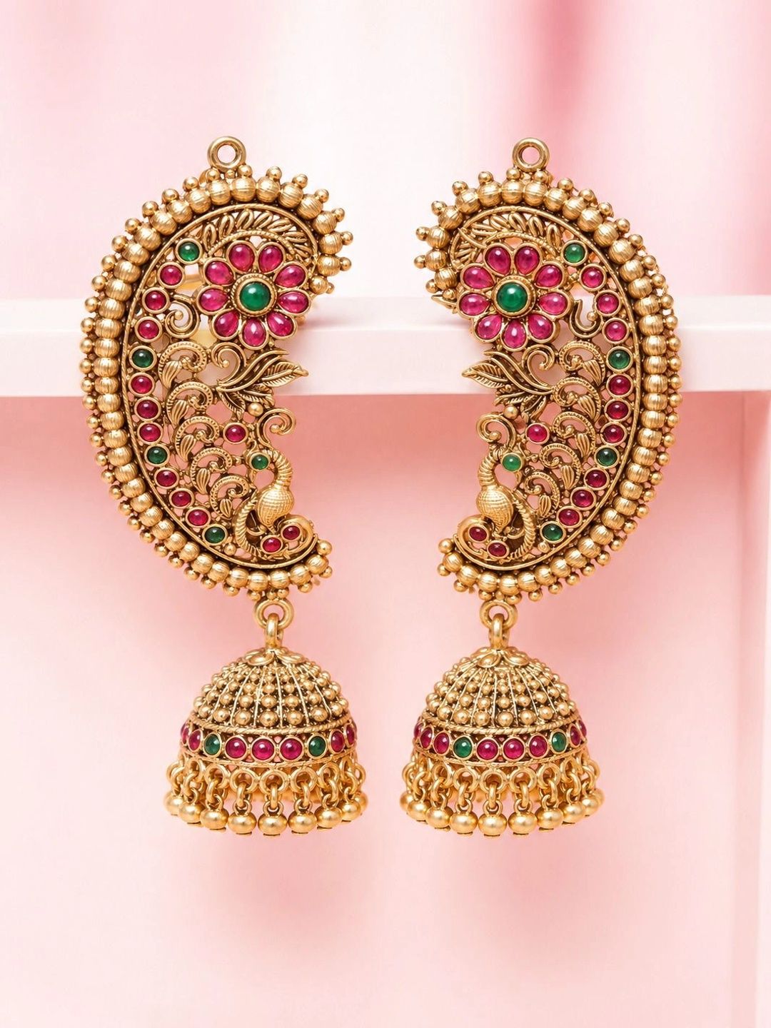 PANASH Gold-Plated Cubic Zirconia Studded Contemporary Jhumkas Earrings