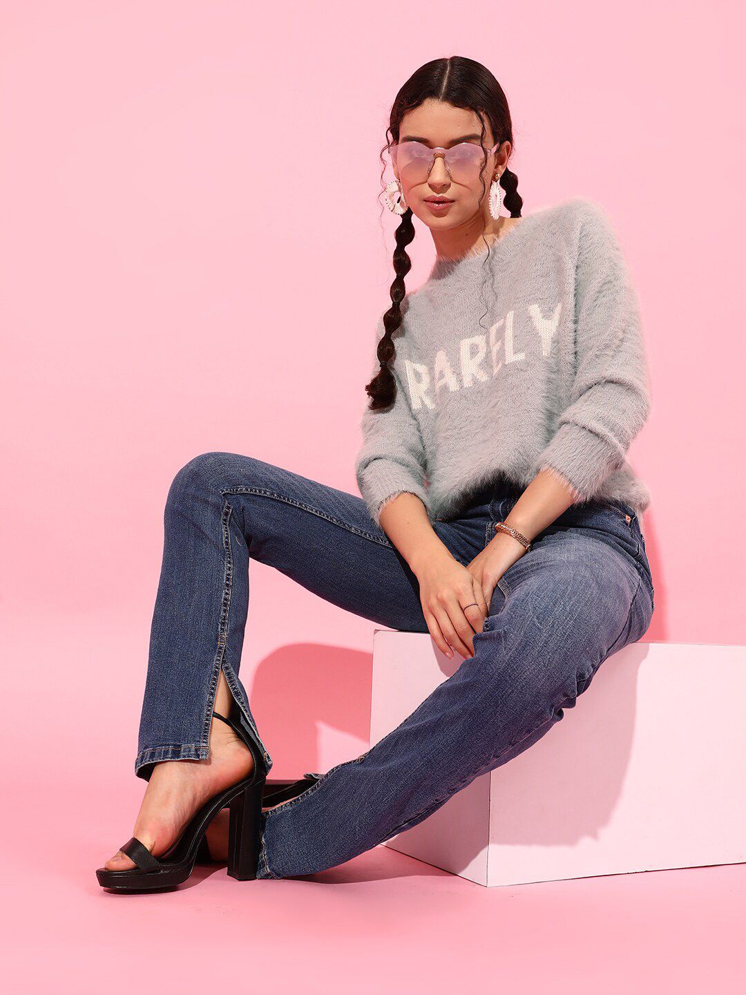 STREET 9 Women Grey Typography Sweater