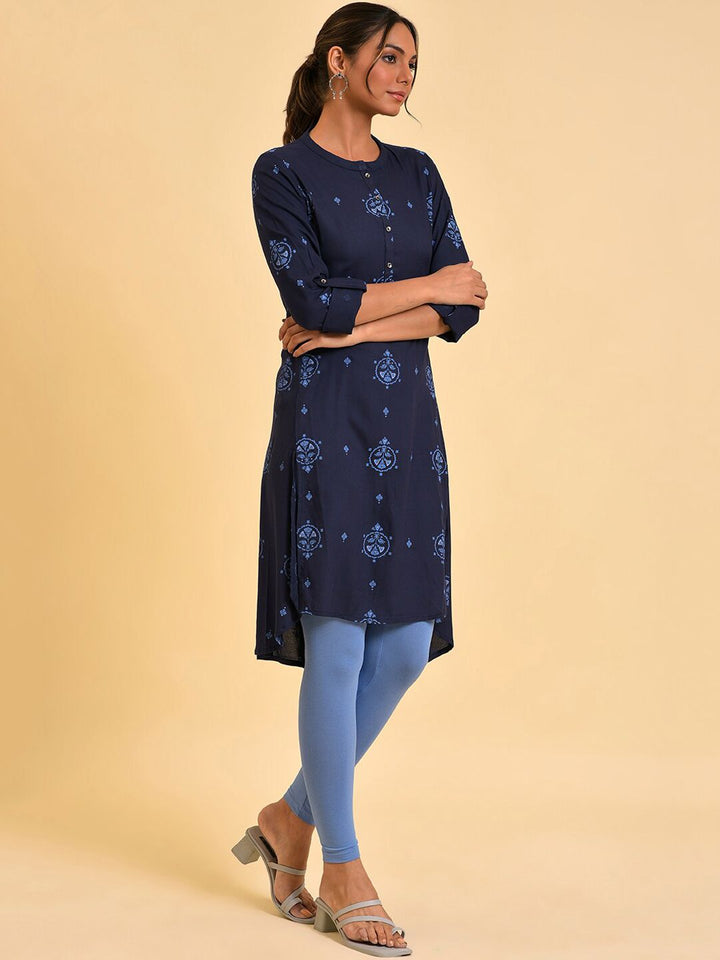 W Navy Blue Ethnic Motifs Printed A-Line Kurta