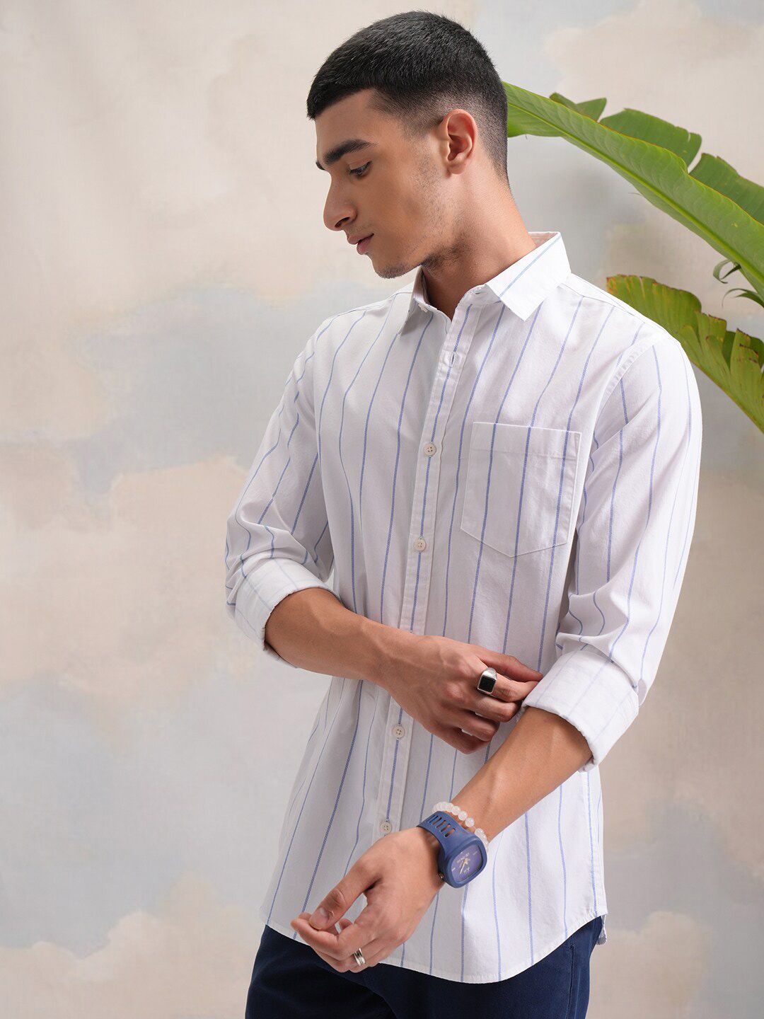 HIGHLANDER Classic White Slim Fit Vertical Striped Spread Collar Cotton Casual Shirt