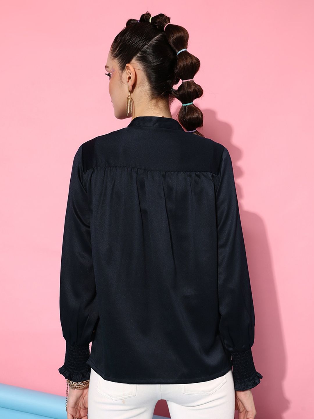 STREET 9 Women Navy Blue Tie-Up Neck Casual Shirt
