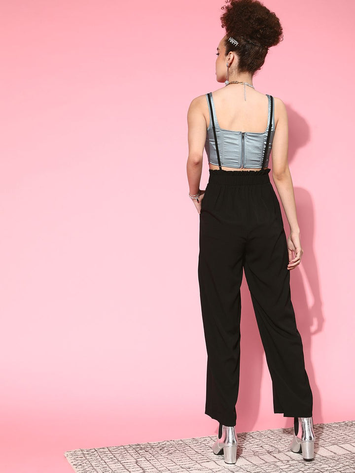 Berrylush Women Black Solid High-Rise Pleated Trousers with Suspenders
