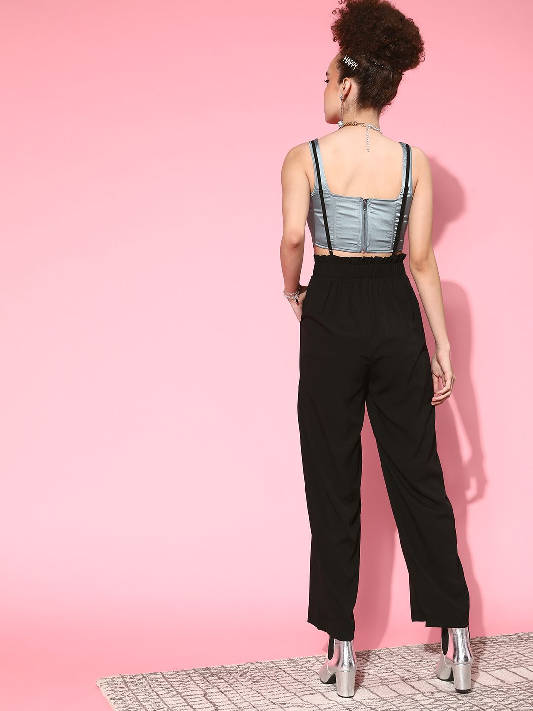 Berrylush Women Black Solid High-Rise Pleated Trousers with Suspenders