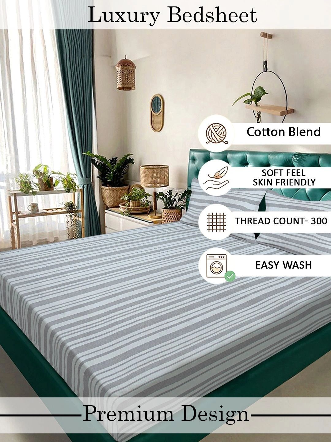 Moda Rapido X KLOTTHE Grey & White Striped 300 TC King Bedsheet with 2 Pillow Covers