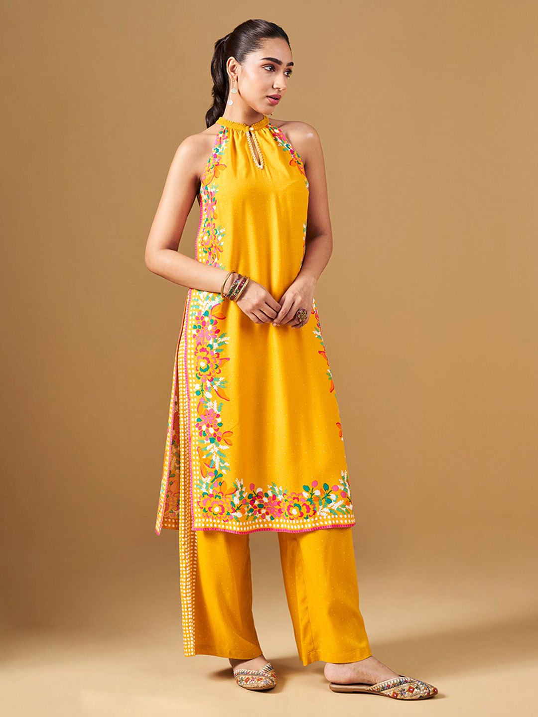 Global Desi Floral Printed Halter Neck Straight Kurta & Palazzo
