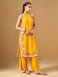 Global Desi Floral Printed Halter Neck Straight Kurta & Palazzo