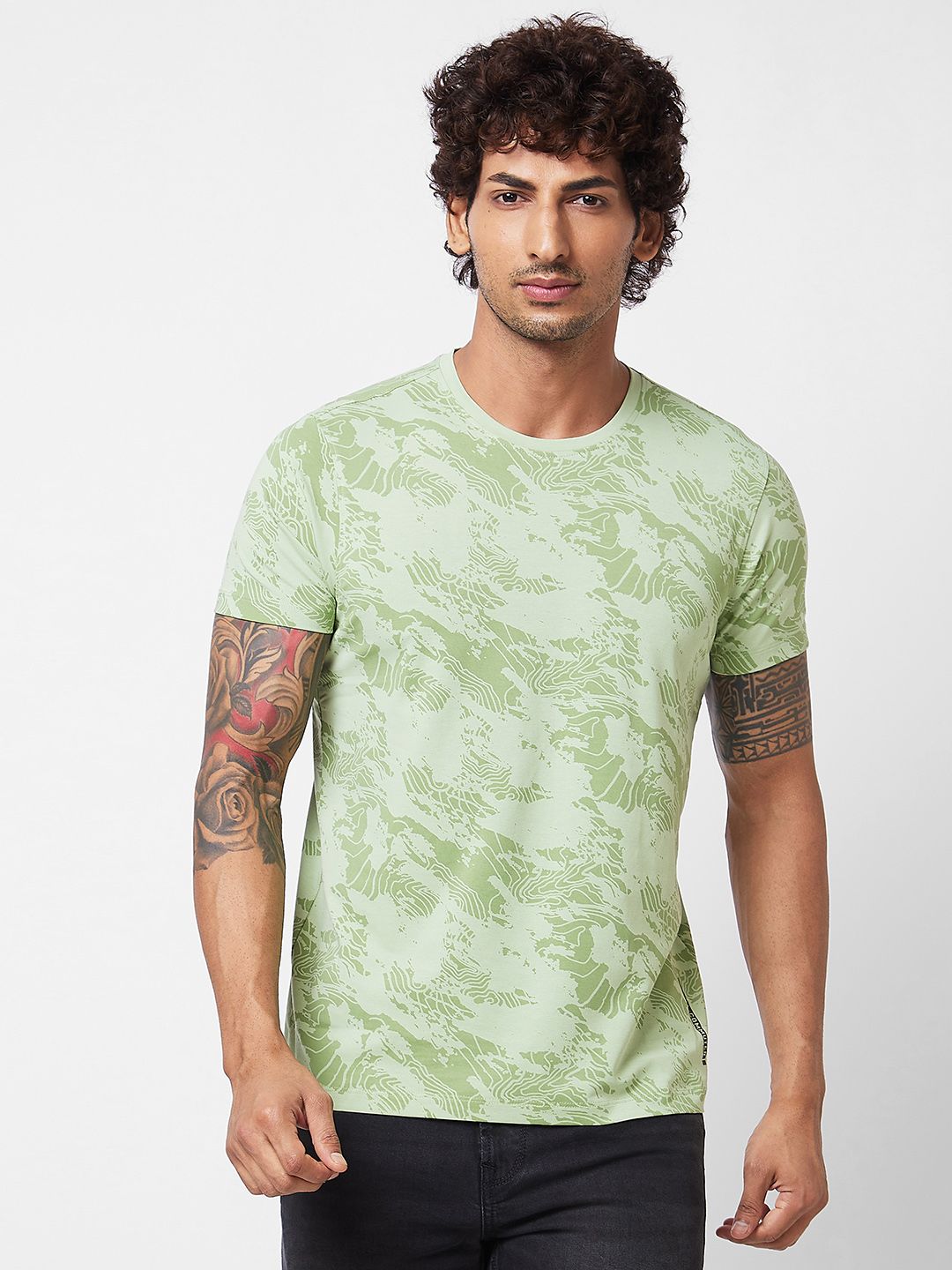 SPYKAR Round Short Sleeves Printed Slim Fit Cotton T-shirt