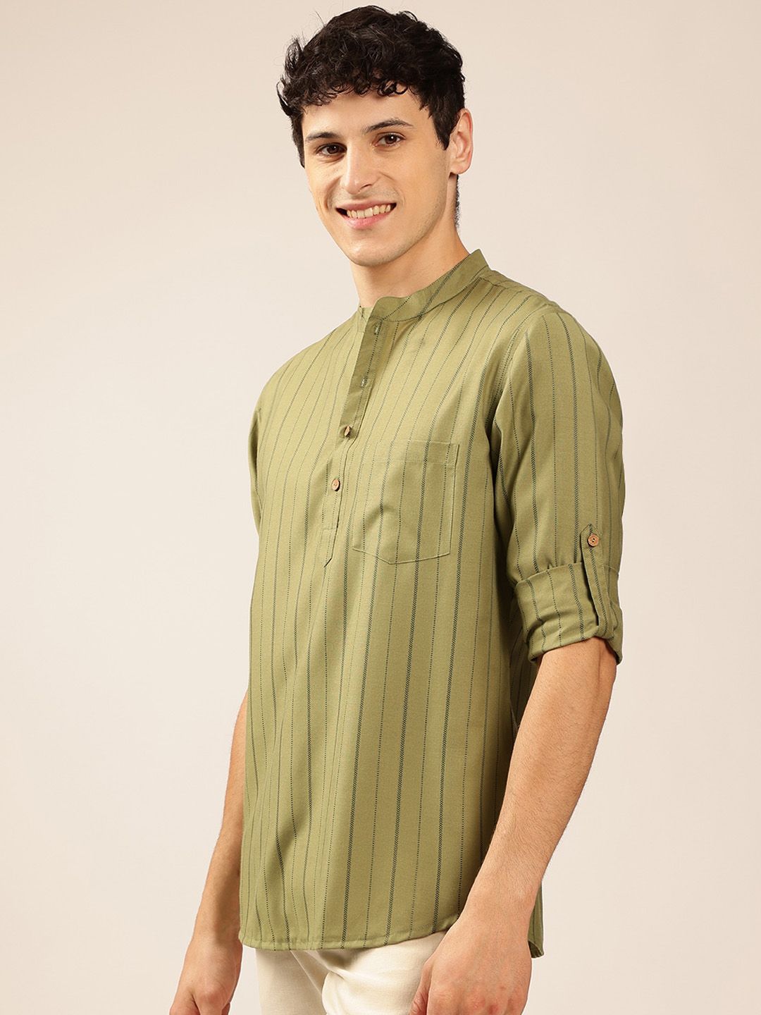 Anouk Striped Mandarin Collar Roll-Up Sleeves Short Kurta