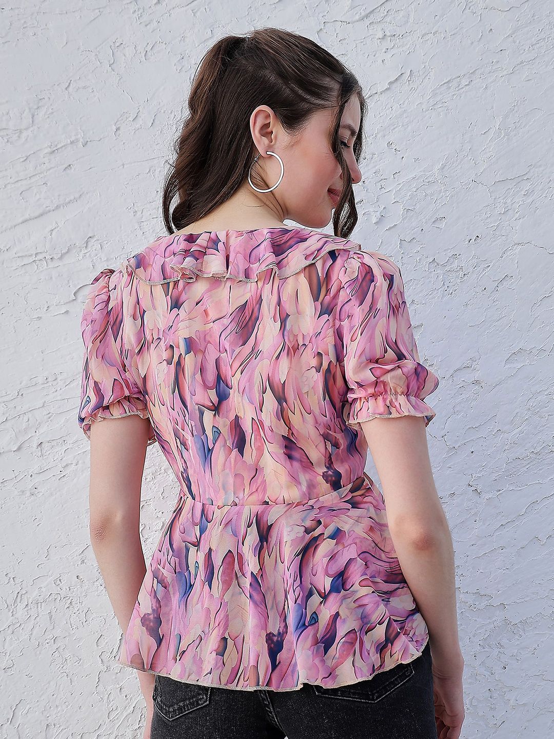 Athena Lavender Floral Printed V-Neck Puff Lengan Ruffles Terperinci