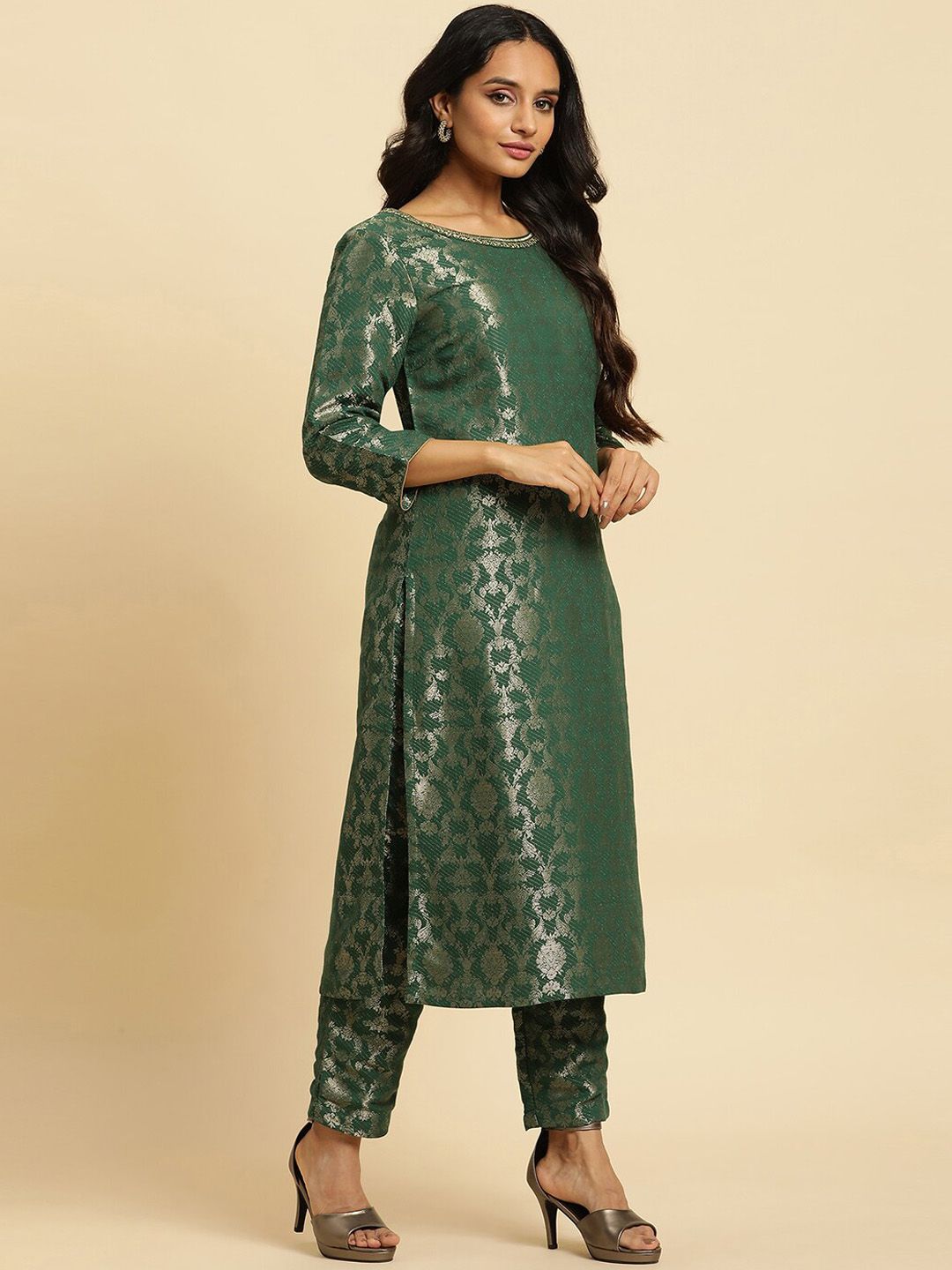 W Women Floral Woven Designed Straight Kurta