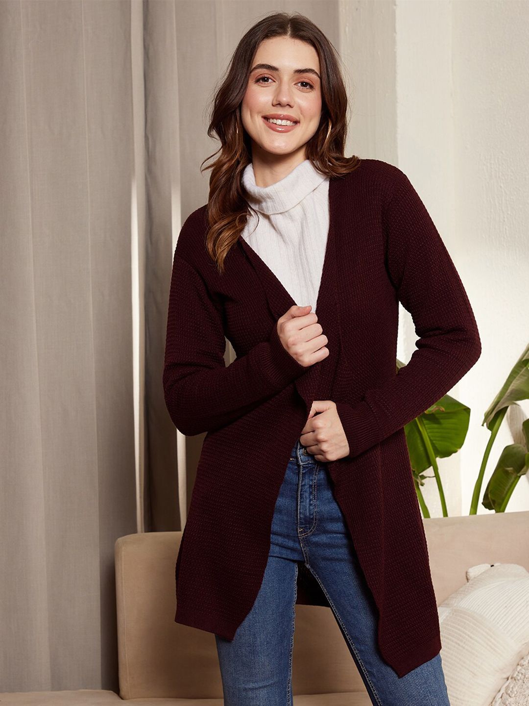 Berrylush Maroon Ribbed Longline Front Open Sweater