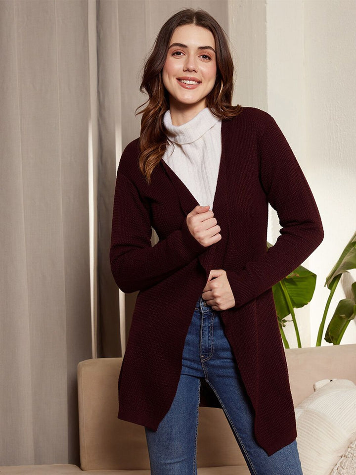 Berrylush Maroon Ribbed Longline Front Open Sweater