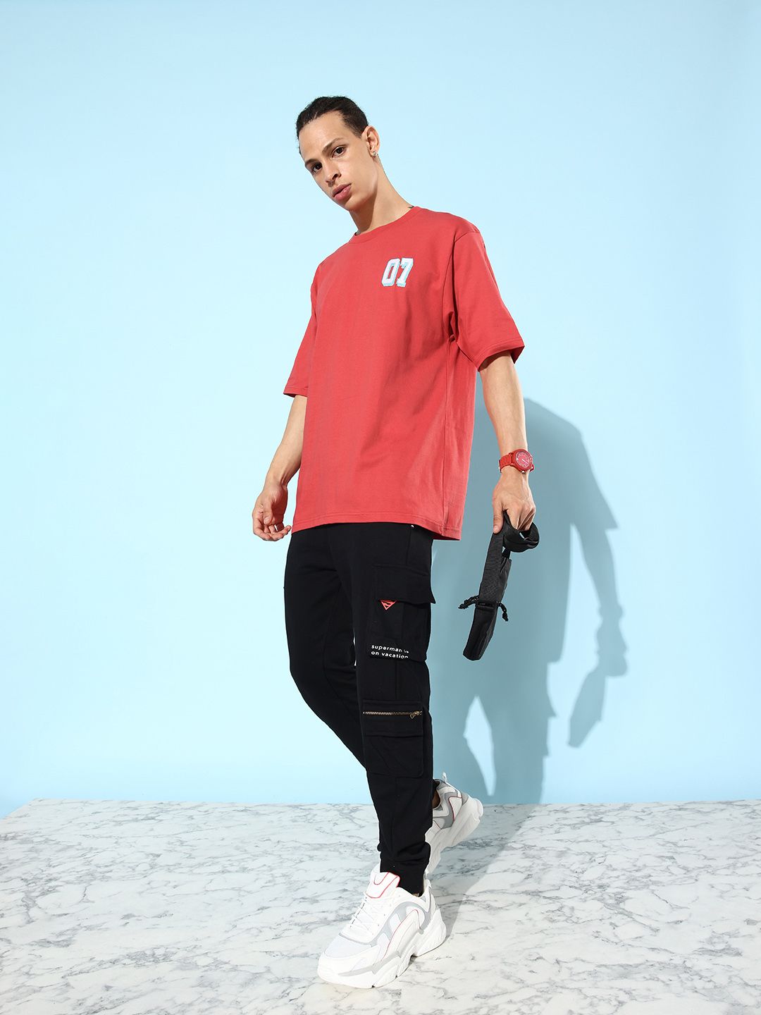 DILLINGER Men Red & White Typography Embroidered Oversize Pure Cotton T-shirt