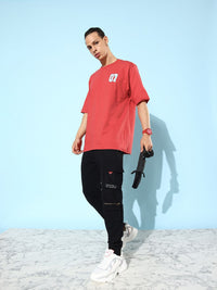 DILLINGER Men Red & White Typography Embroidered Oversize Pure Cotton T-shirt