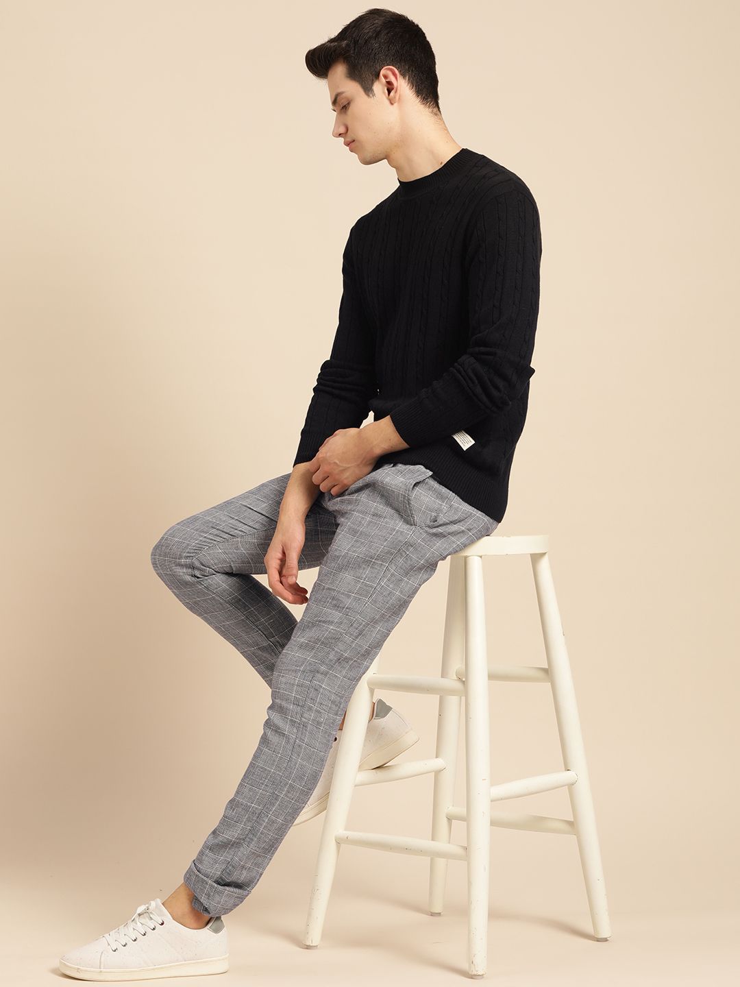 Mr Bowerbird Men Black Pure Cotton Cable Knit Sweater