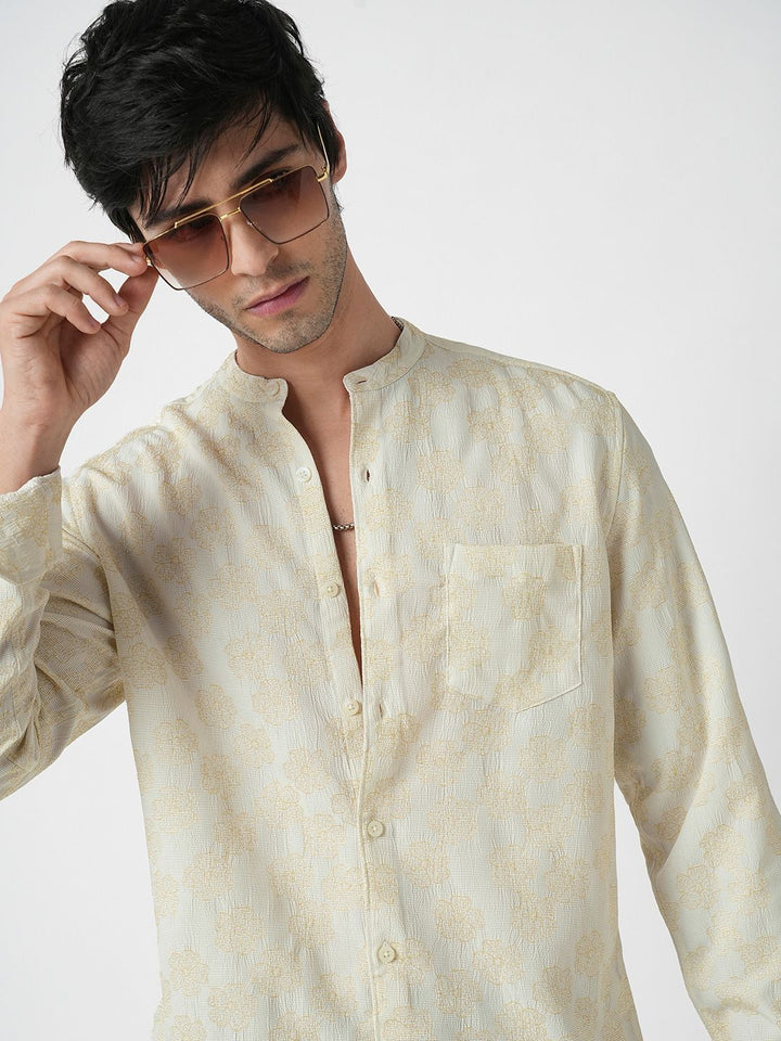 VASTRADO Men Classic Band Collar Floral Printed Slim Fit Casual Shirt