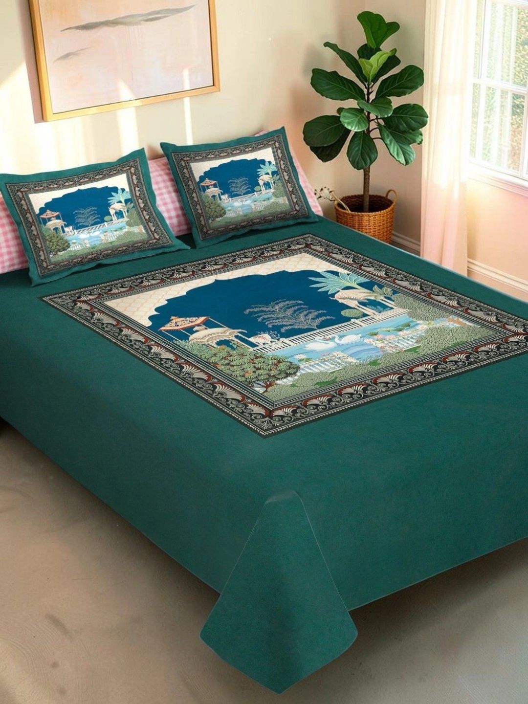 Moda Rapido X KLOTTHE Green & White Ethnic Motifs 400 TC King Bedsheet with 2 Pillow Covers