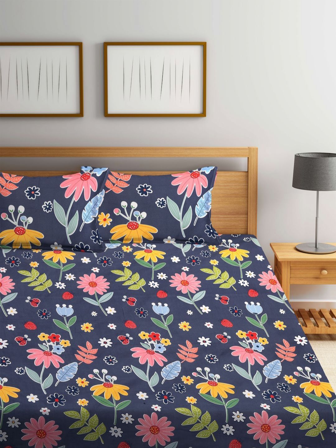 Myntra Elegant Homes Black Floral Polycotton 300 TC King Fine Bedsheet with 2 Pillow Covers-98 x 87 inches