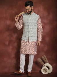 Anouk Floral Embroidered Regular Thread Work Kurta & Churidar With Nehru Jacket
