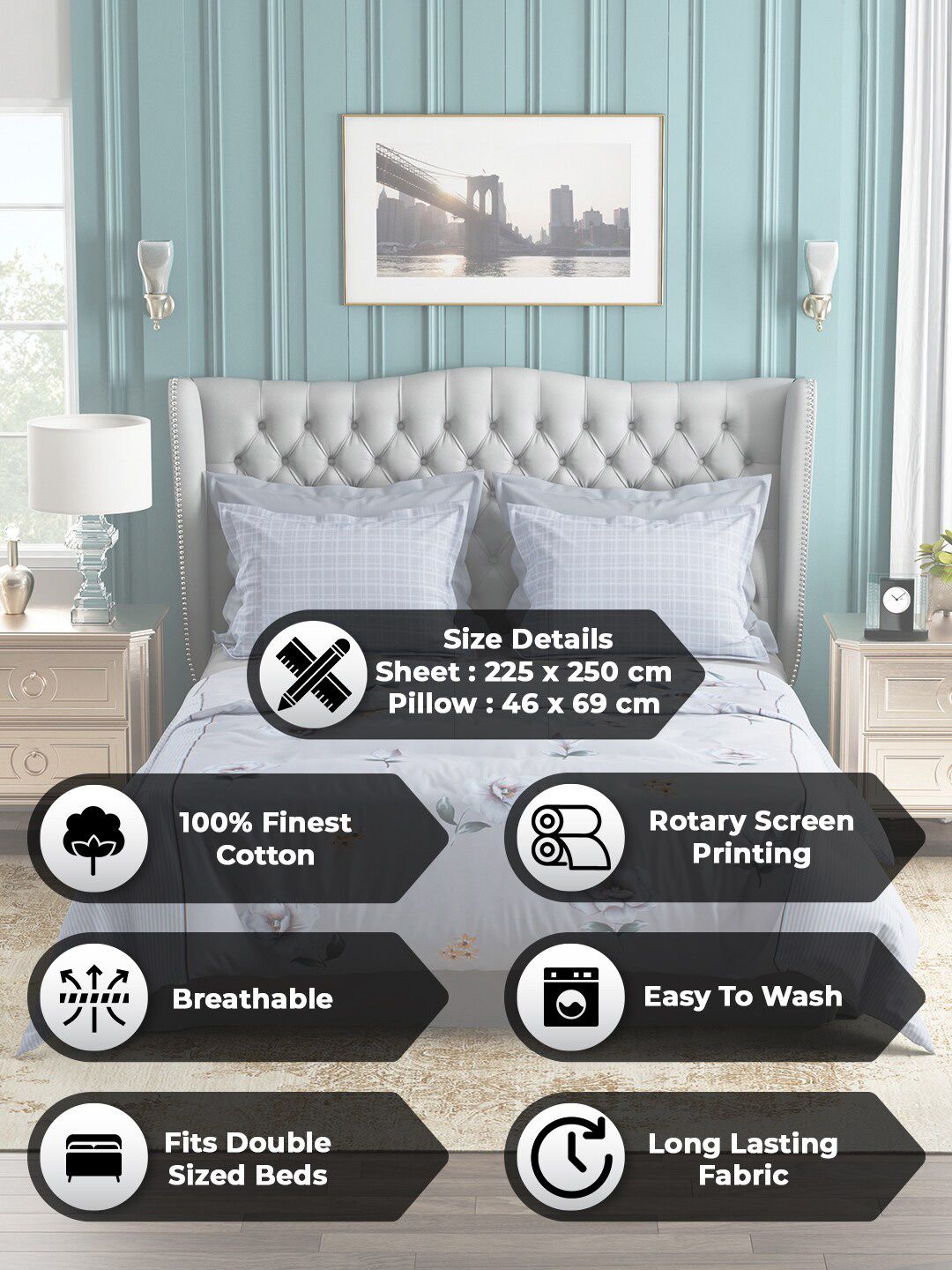 Story@home Grey & Cream-Coloured Floral 144 TC Cotton Queen Bedsheet with 2 Pillow Covers