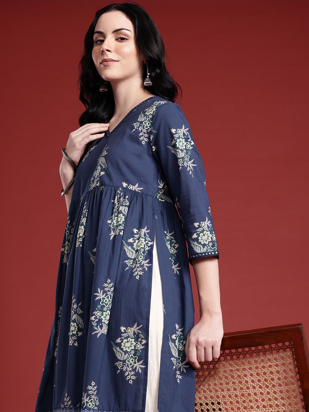 Anouk Women Floral Printed Pure Cotton Pleated A-Line Kurta
