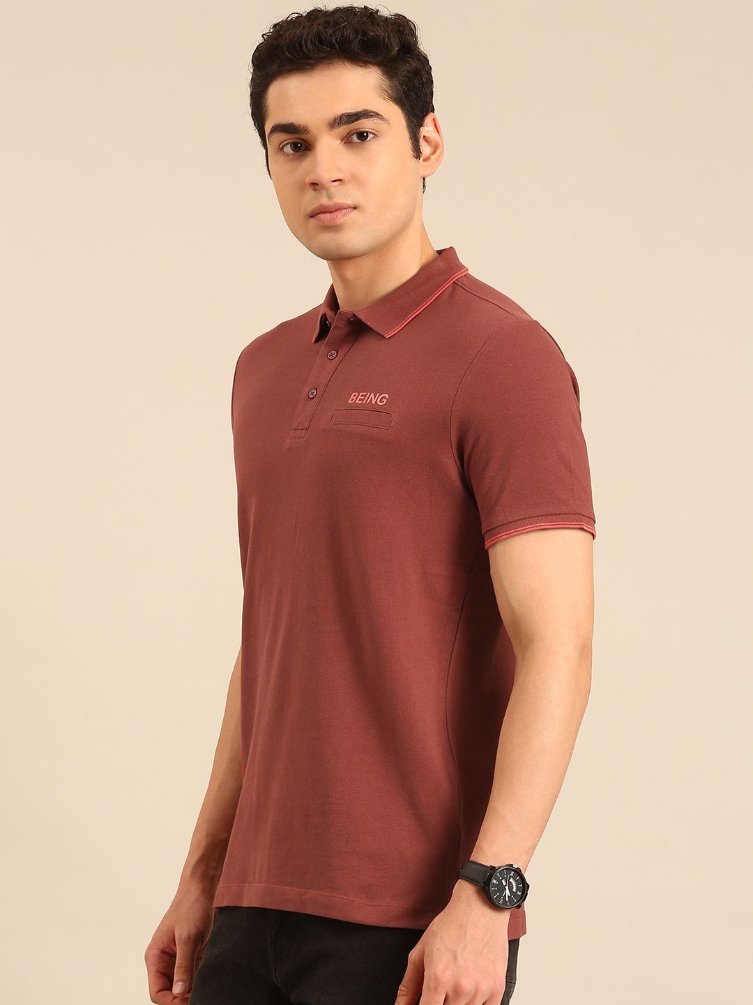 Being Human Polo Collar Pure Cotton T-shirt with Welt Pocket