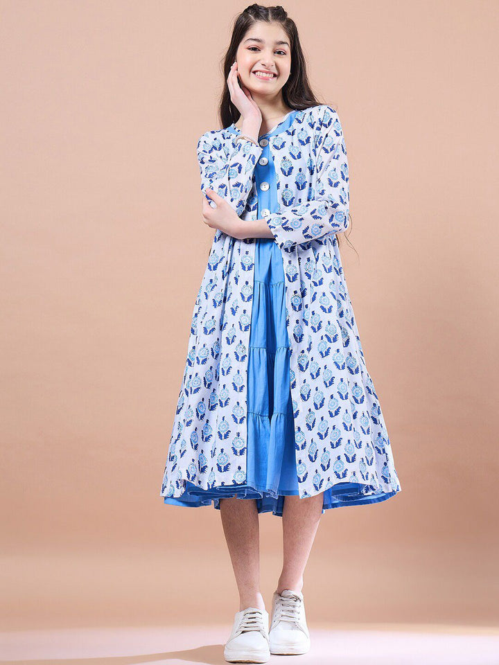 pspeaches Girls Floral Print Round Neck Sleeveless Tiered Midi Fit & Flared Cotton Dress