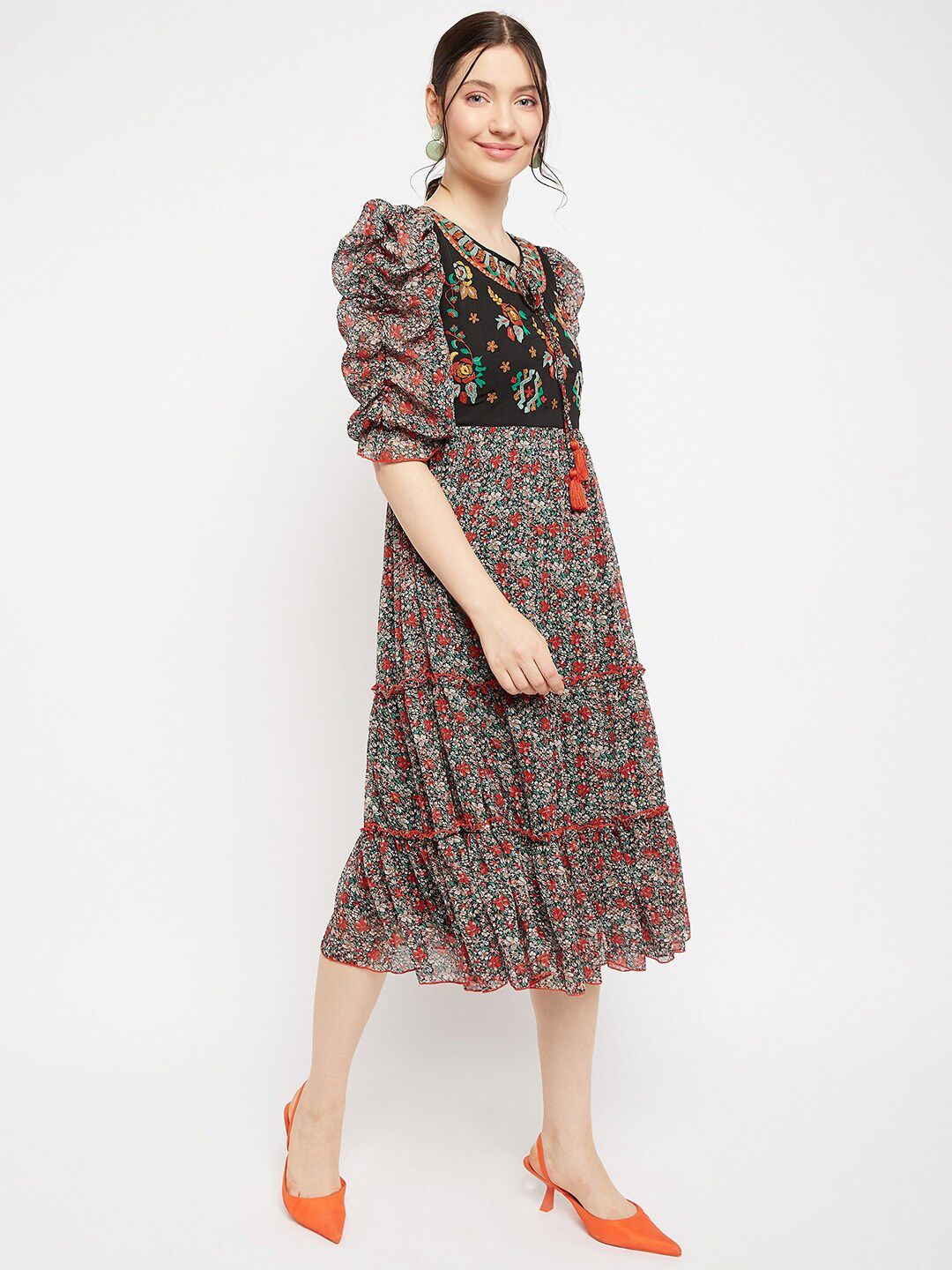 Antheaa Tie-Up Neck Floral Printed Embroidered Tiered Chiffon Fit & Flare Midi Dress