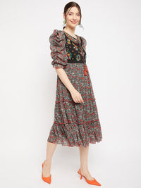 Antheaa Tie-Up Neck Floral Printed Embroidered Tiered Chiffon Fit & Flare Midi Dress