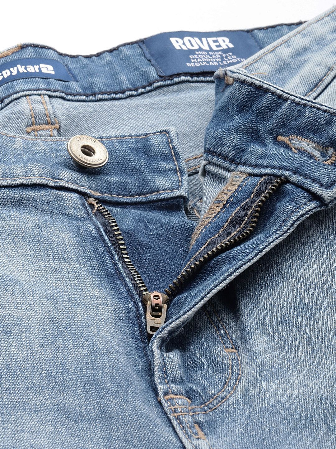 SPYKAR Men Regular Fit Low-Rise Mildly Distressed Stretchable Jeans With Patchwork Detail