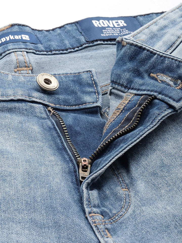 SPYKAR Men Regular Fit Low-Rise Mildly Distressed Stretchable Jeans With Patchwork Detail