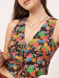DressBerry Indie Vibes Printed Lace-Up Waistcoat Style Crop Top
